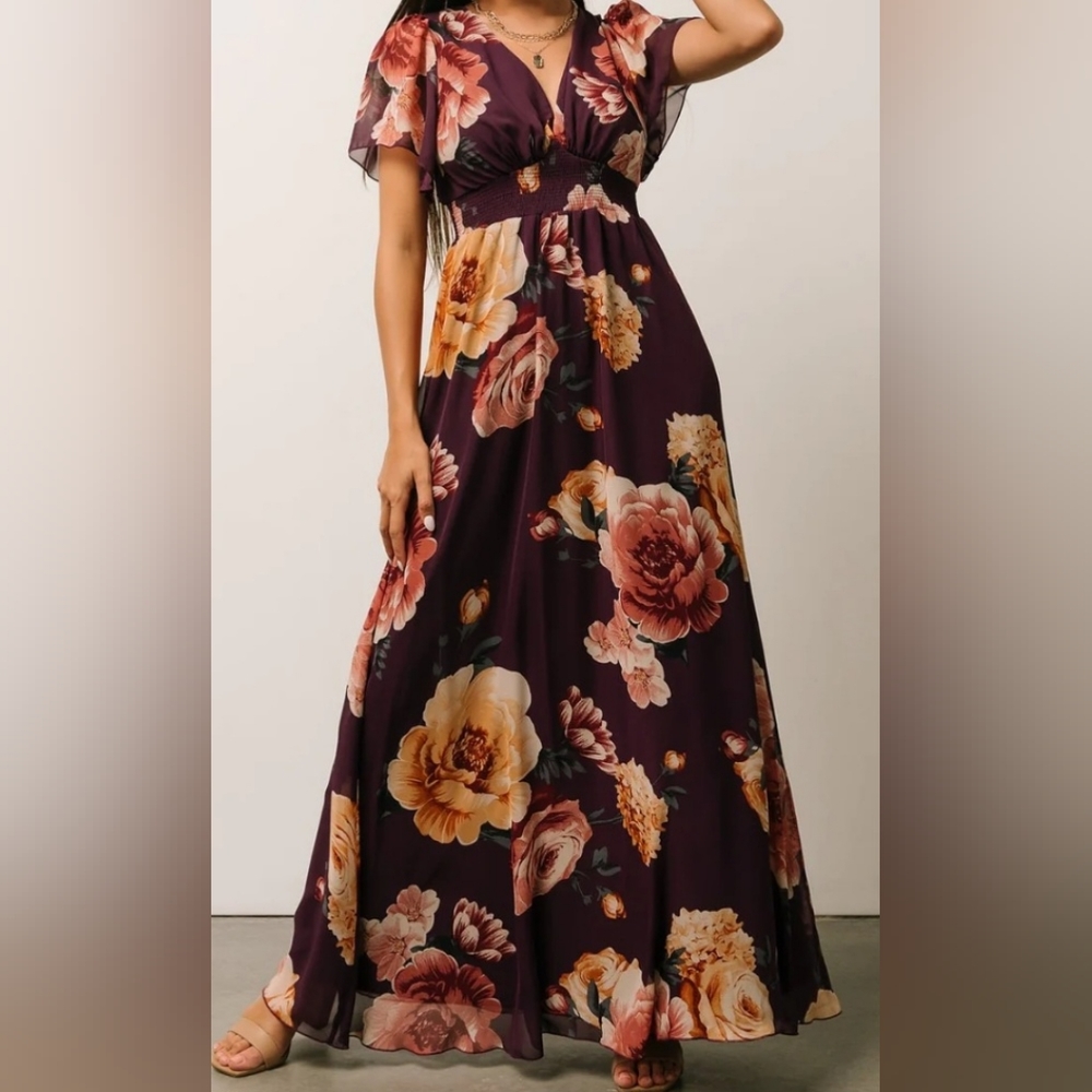 Alexandria Smocked Maxi Eggplant Floral Dress